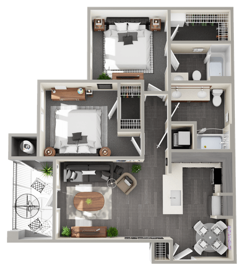 Floor plan for 2 beds, 2 baths, 976 sqft